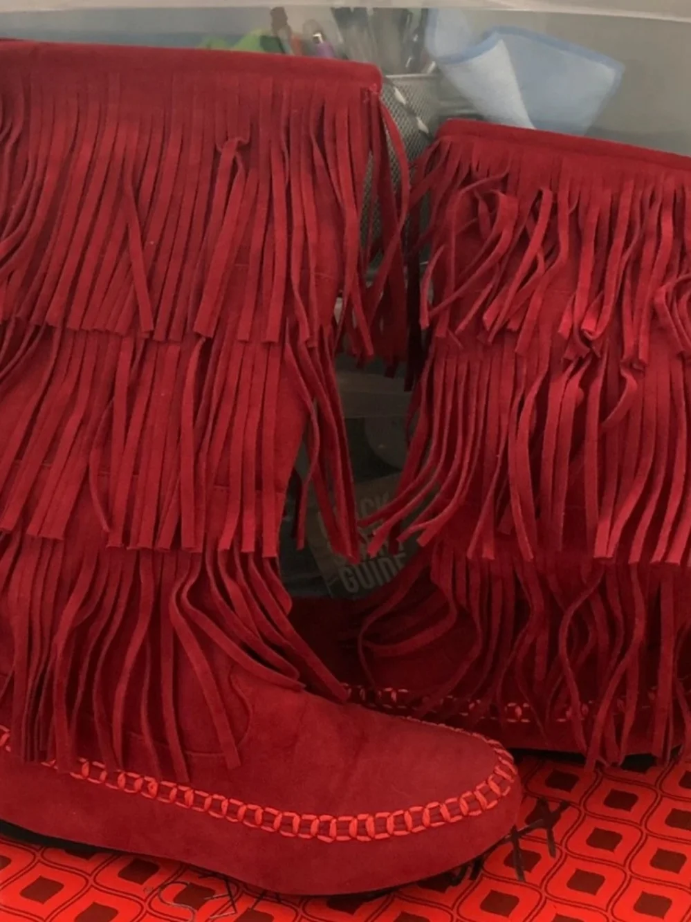 Red Fringe Suede Moccasin Boots Sz 7